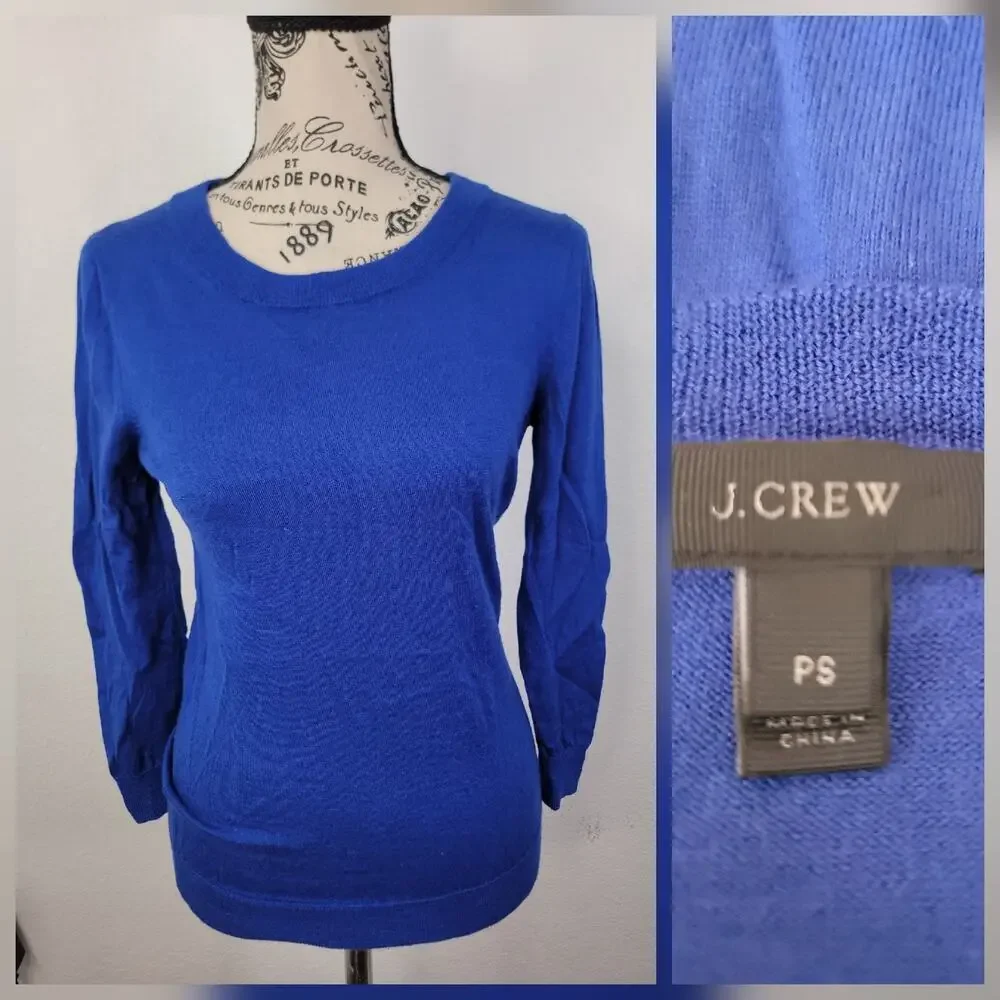 J Crew 100% Merino Wool Tippi Pullover Womens Sz PS Crewneck Sweater Blue E1952
